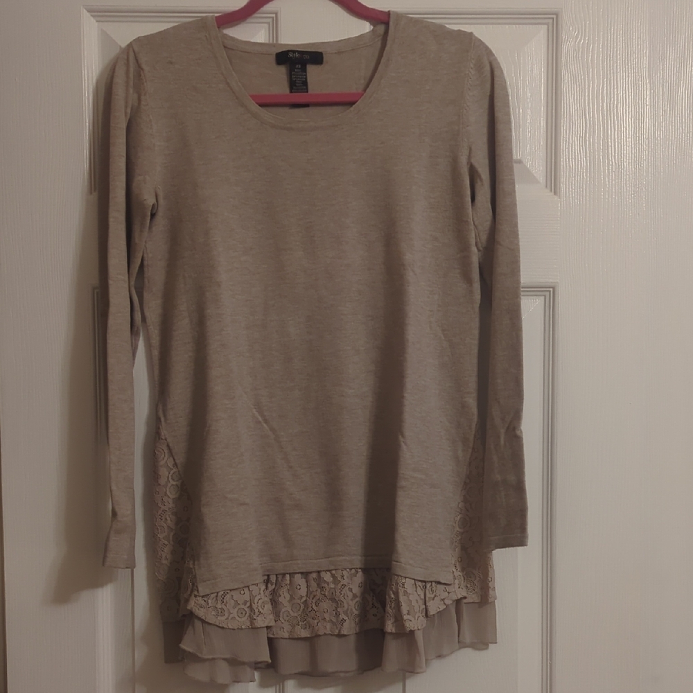 Style & Co. Taupe Lace Trim Tunic